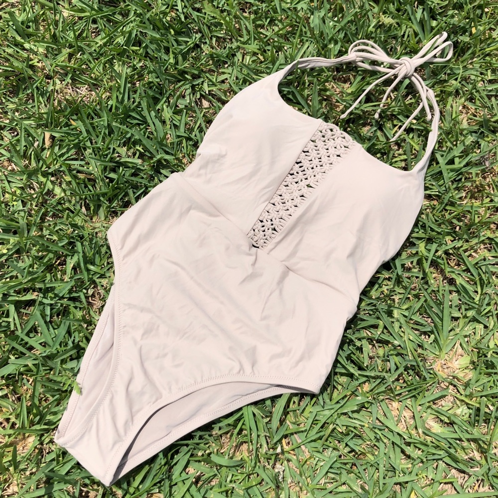 AEO Aerie Beige Macrame Scoop One Piece Swimsuit
